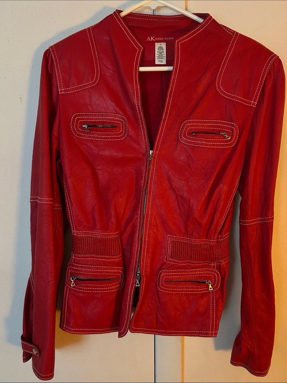 Anne Klein Red Leather Zip Jacket with Contrast Stitching